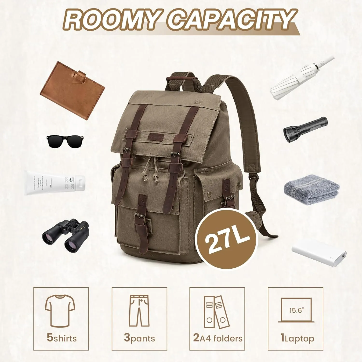 Kattee Mens Leather Canvas Backpack Large School Bag Travel Rucksack Army Green