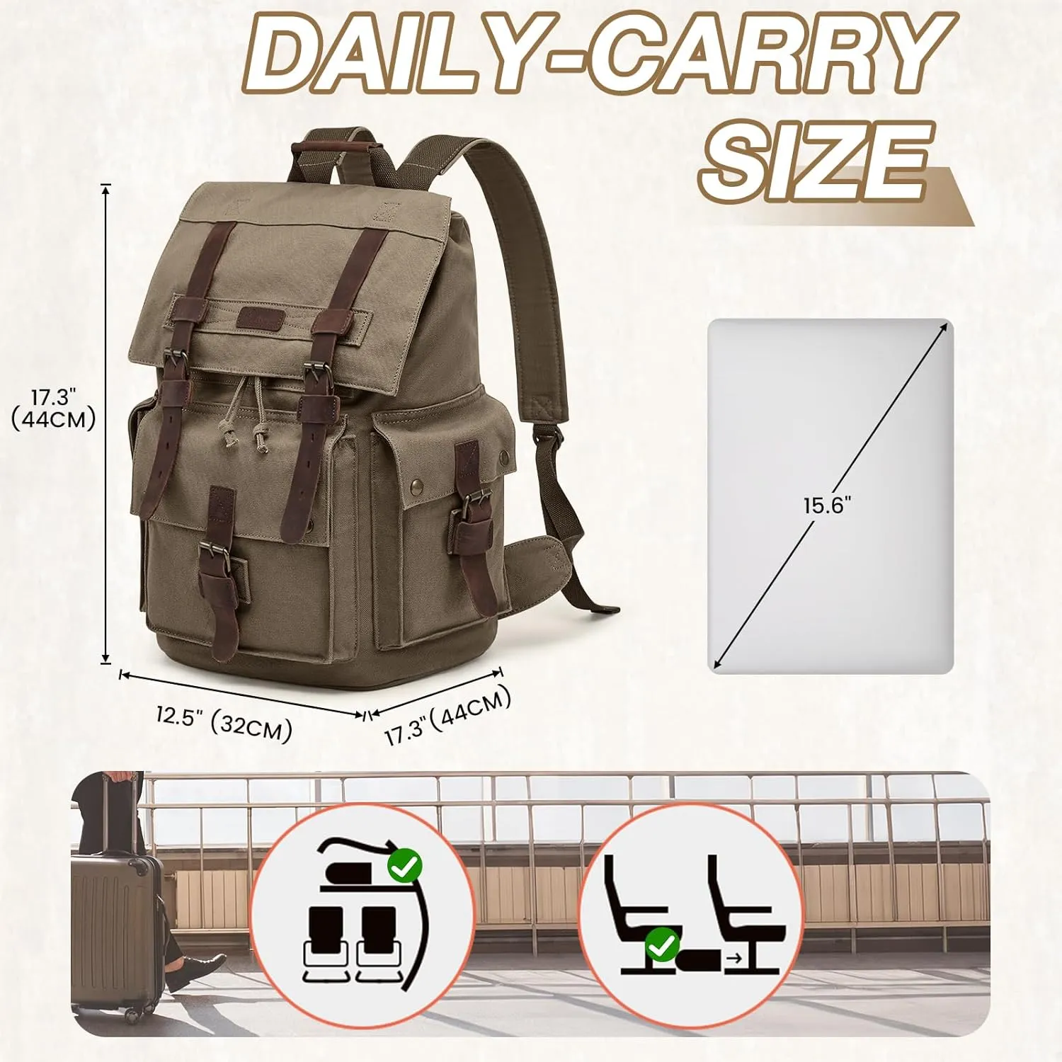 Kattee Mens Leather Canvas Backpack Large School Bag Travel Rucksack Army Green