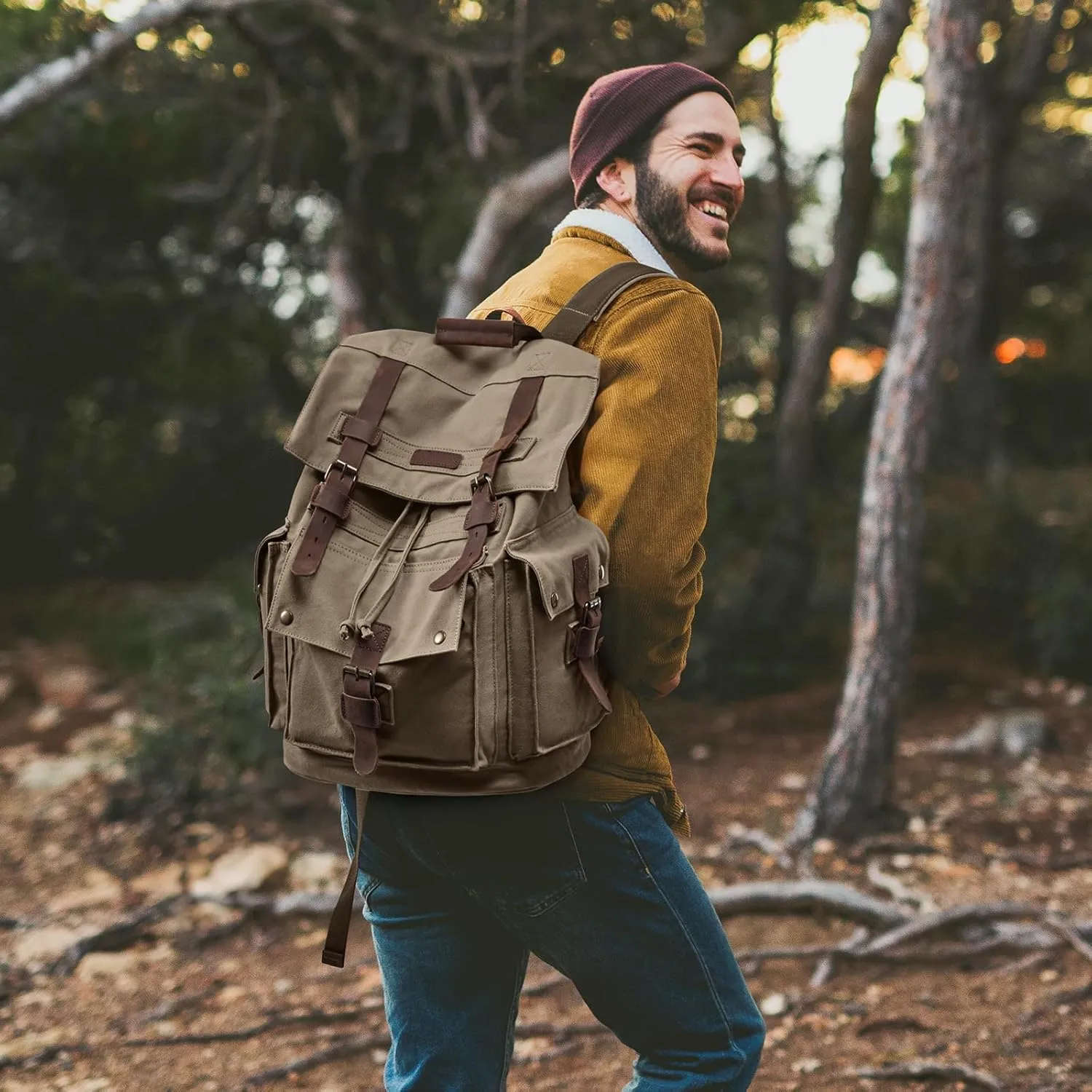 Kattee Mens Leather Canvas Backpack Large School Bag Travel Rucksack Army Green