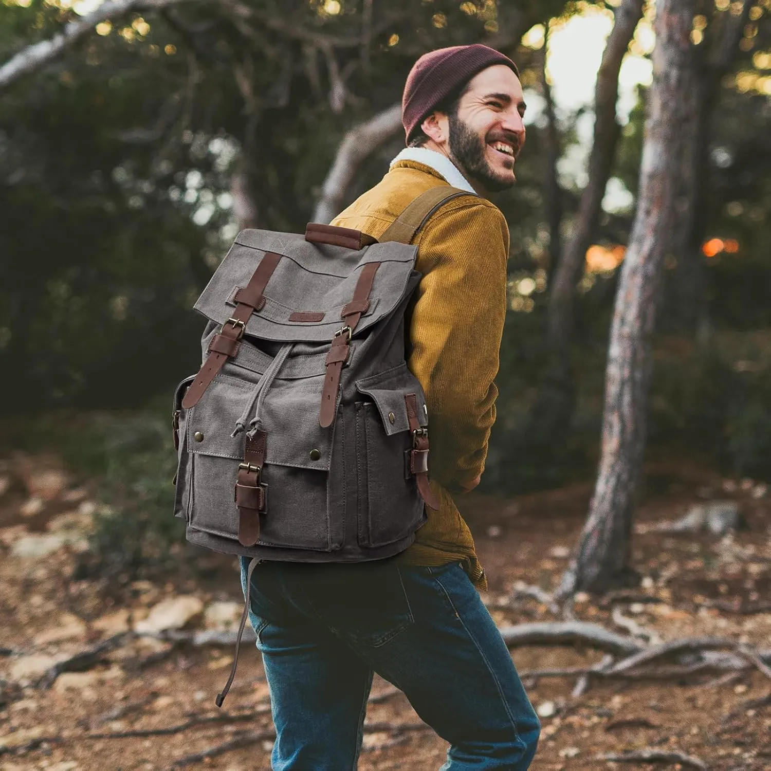 Kattee Mens Leather Canvas Backpack Large School Bag Travel Rucksack Grey
