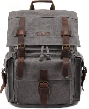 Kattee Mens Leather Canvas Backpack Large School Bag Travel Rucksack Grey