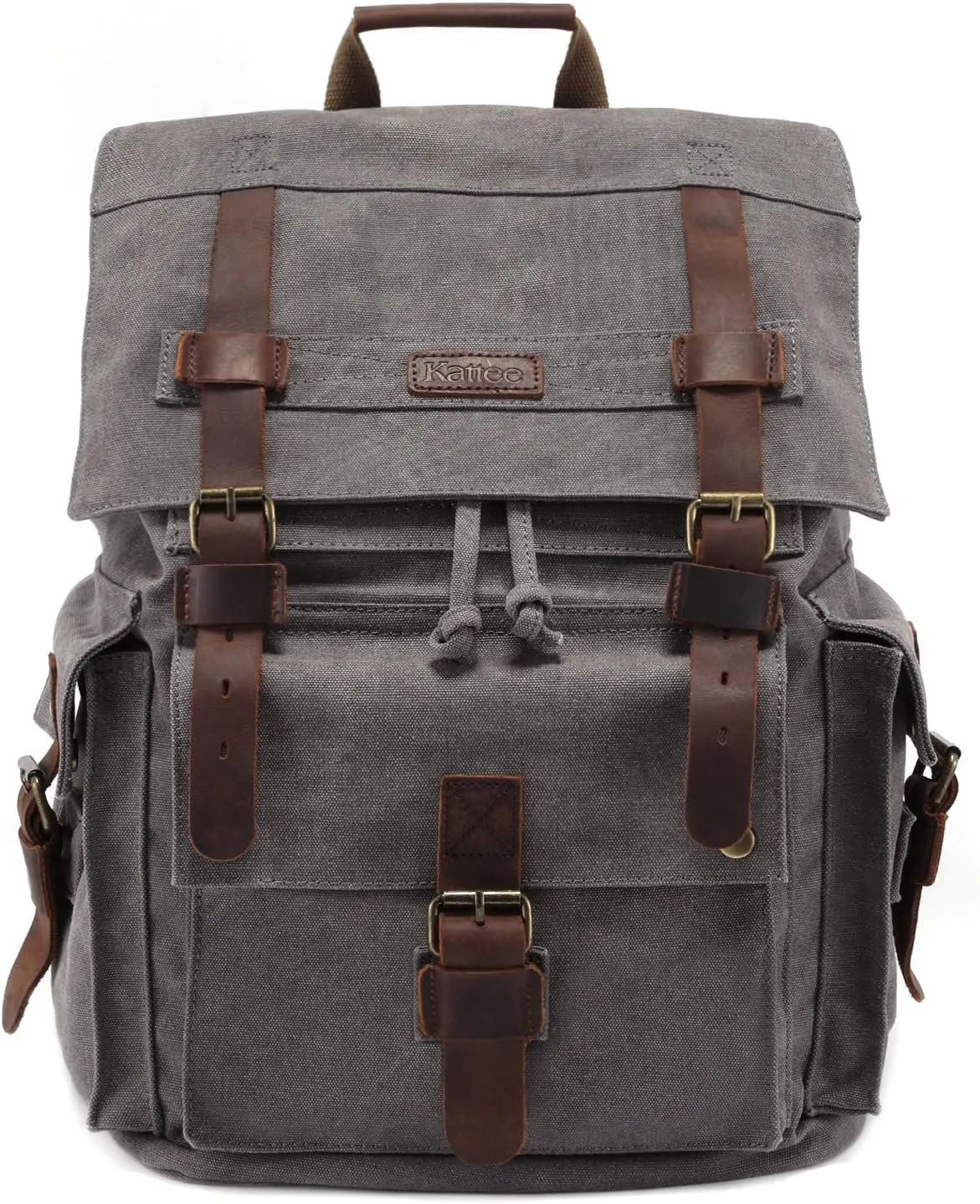 Kattee Mens Leather Canvas Backpack Large School Bag Travel Rucksack Grey