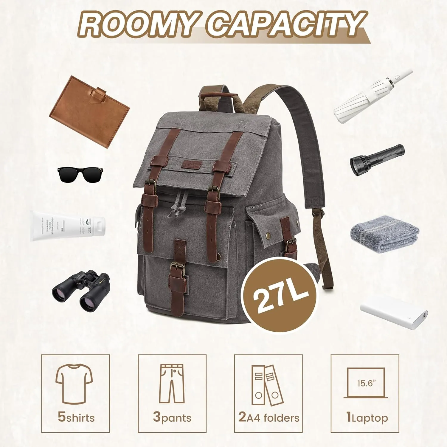 Kattee Mens Leather Canvas Backpack Large School Bag Travel Rucksack Grey
