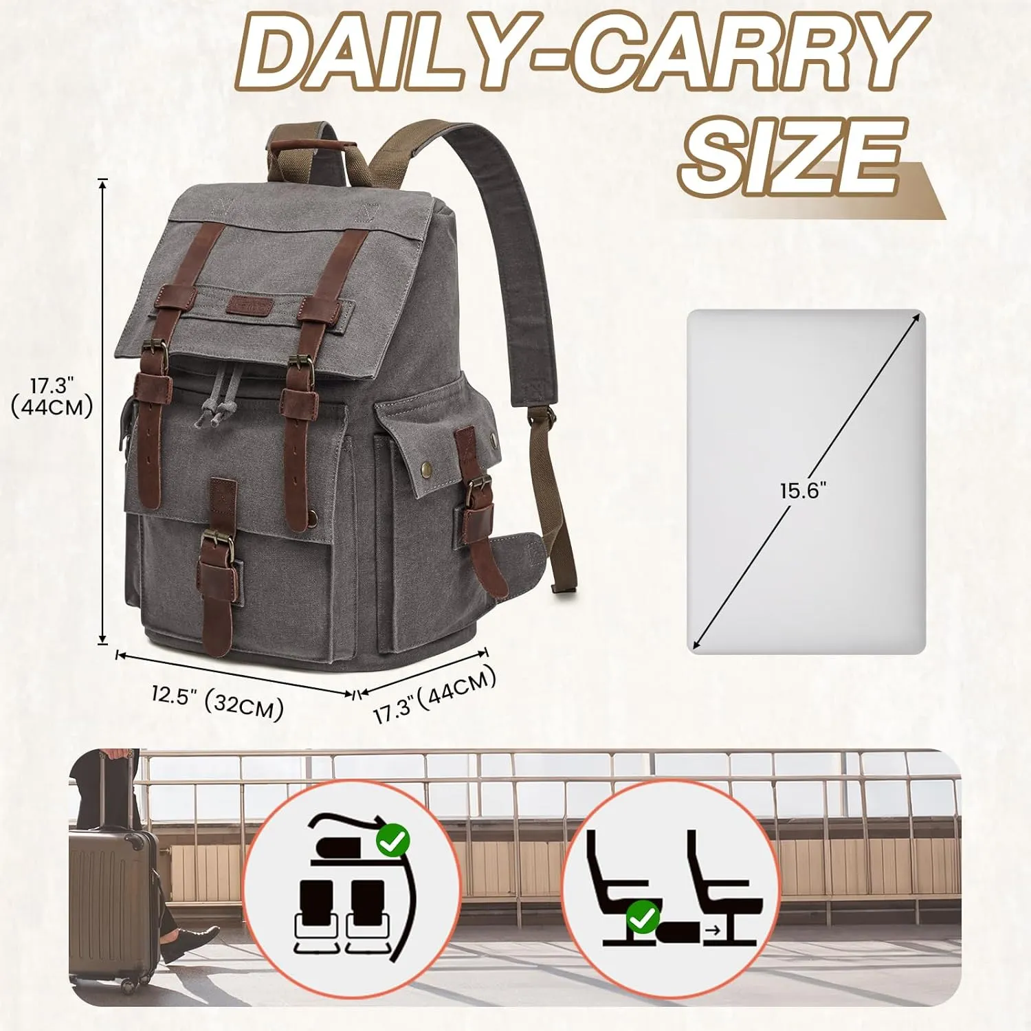 Kattee Mens Leather Canvas Backpack Large School Bag Travel Rucksack Grey