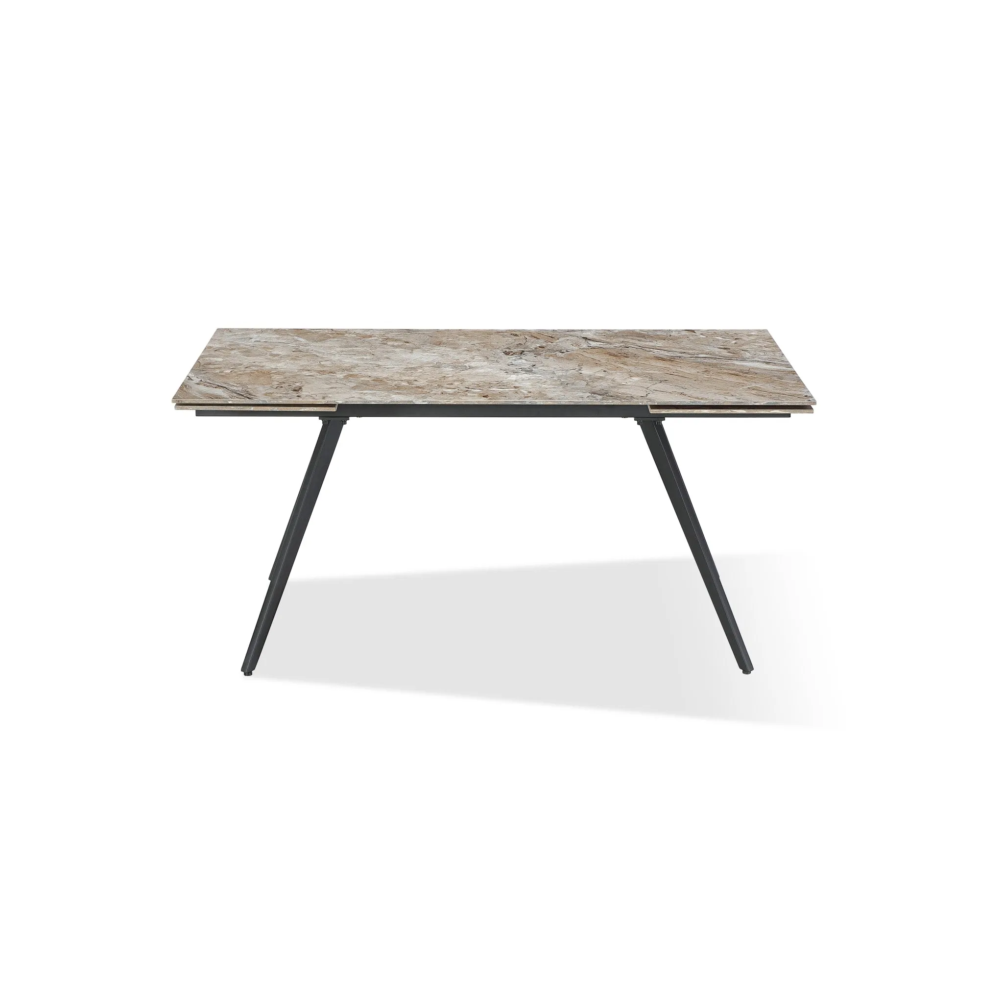 Lucia Double Extension Stone Top Metal Leg Dining Table in Rich Brown and Black