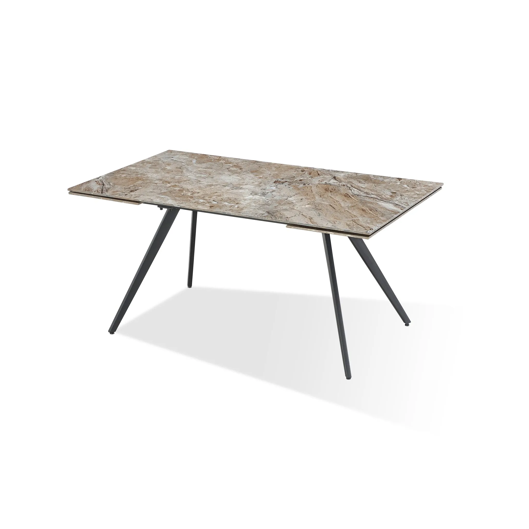 Lucia Double Extension Stone Top Metal Leg Dining Table in Rich Brown and Black