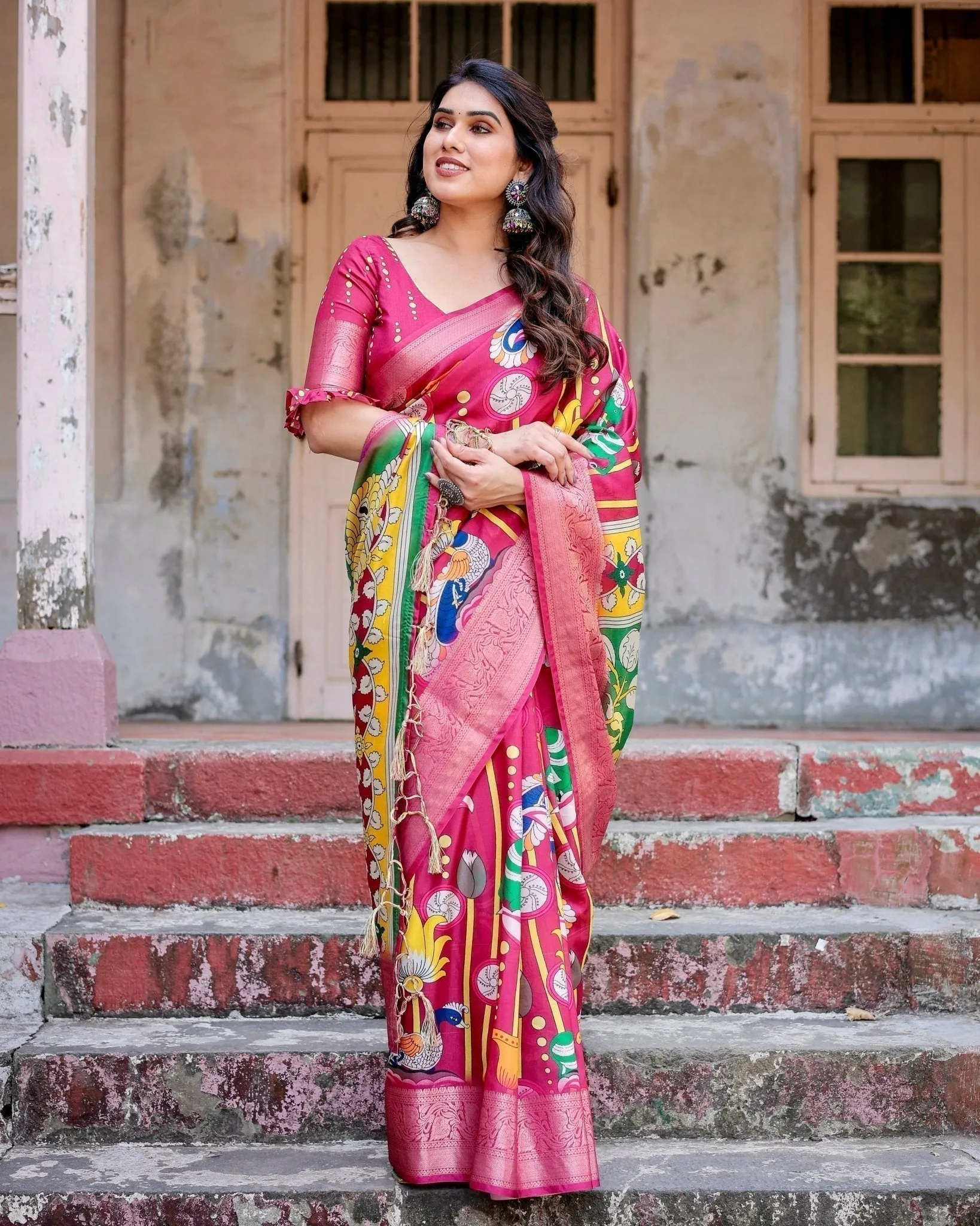 Magenta Tussar Silk Saree with Artistic Peacock & Floral Kalamkari Design