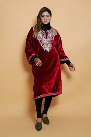 Maroon Color Aari Work Embroidered Velvet Kashmiri Phiran Enriched Designer Neckline Pattern