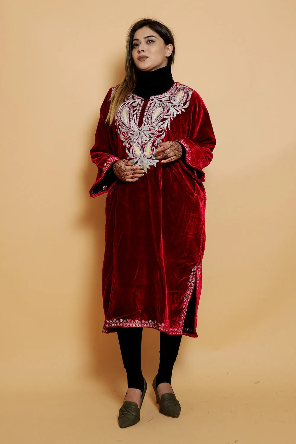 Maroon Color Aari Work Embroidered Velvet Kashmiri Phiran Enriched Designer Neckline Pattern