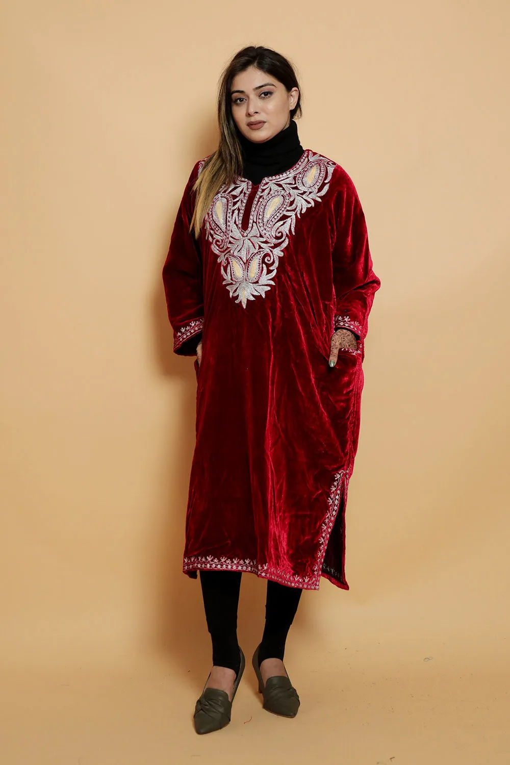 Maroon Color Aari Work Embroidered Velvet Kashmiri Phiran Enriched Designer Neckline Pattern