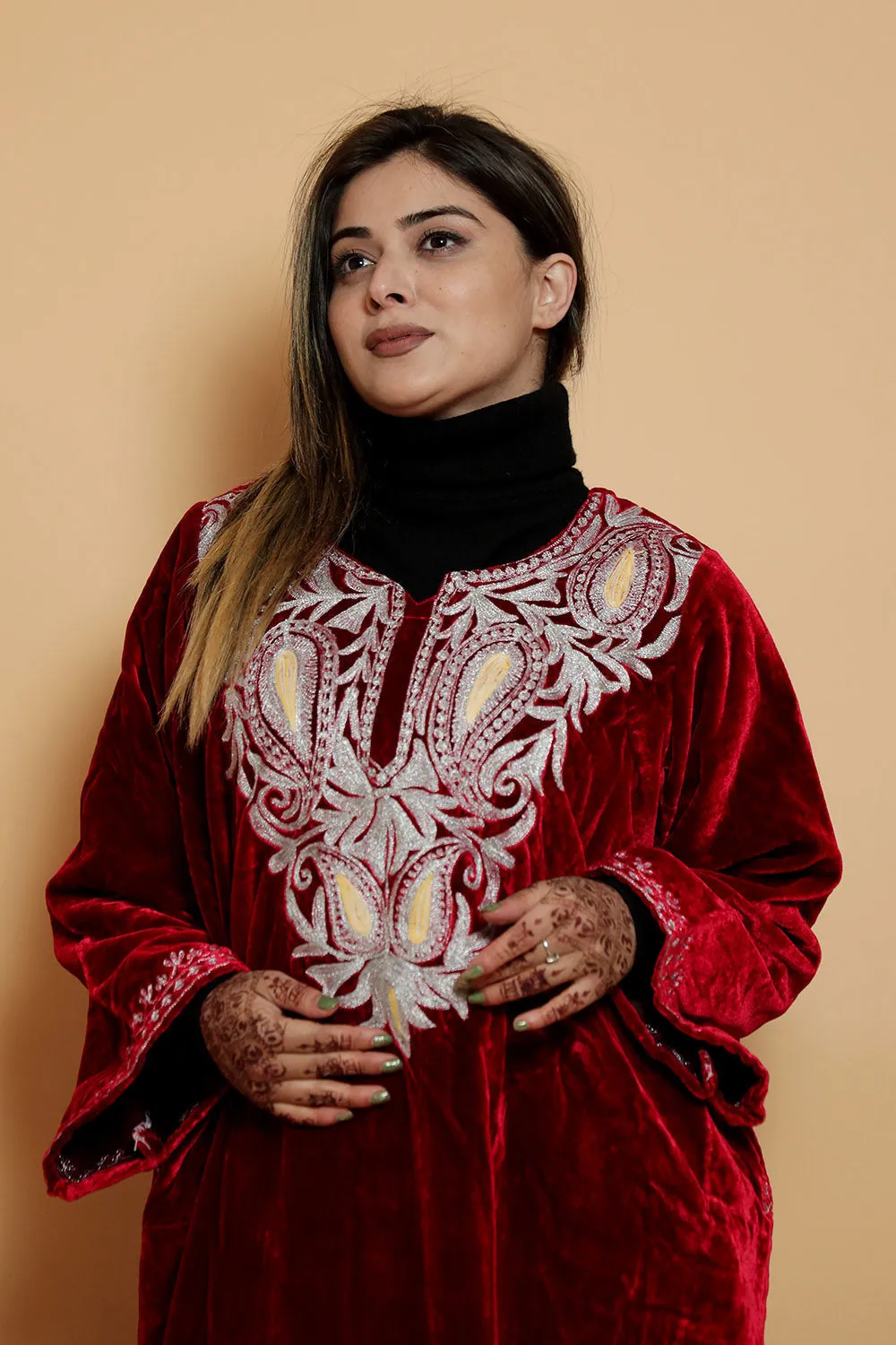 Maroon Color Aari Work Embroidered Velvet Kashmiri Phiran Enriched Designer Neckline Pattern