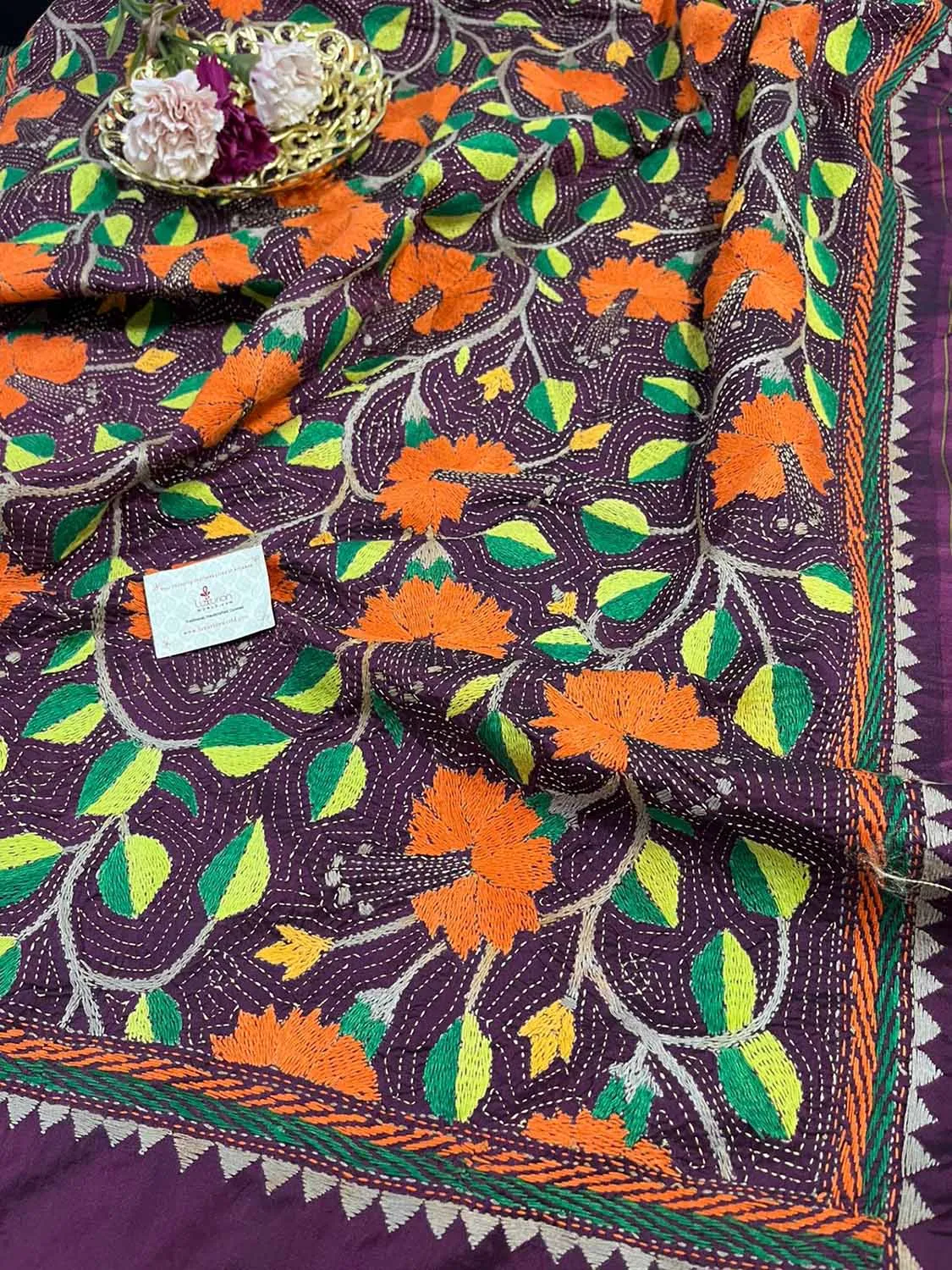 Orange Banarasi Silk Sona Roopa Suit With Purple Hand Embroidered Kantha Silk Dupatta