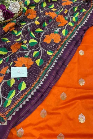 Orange Banarasi Silk Sona Roopa Suit With Purple Hand Embroidered Kantha Silk Dupatta