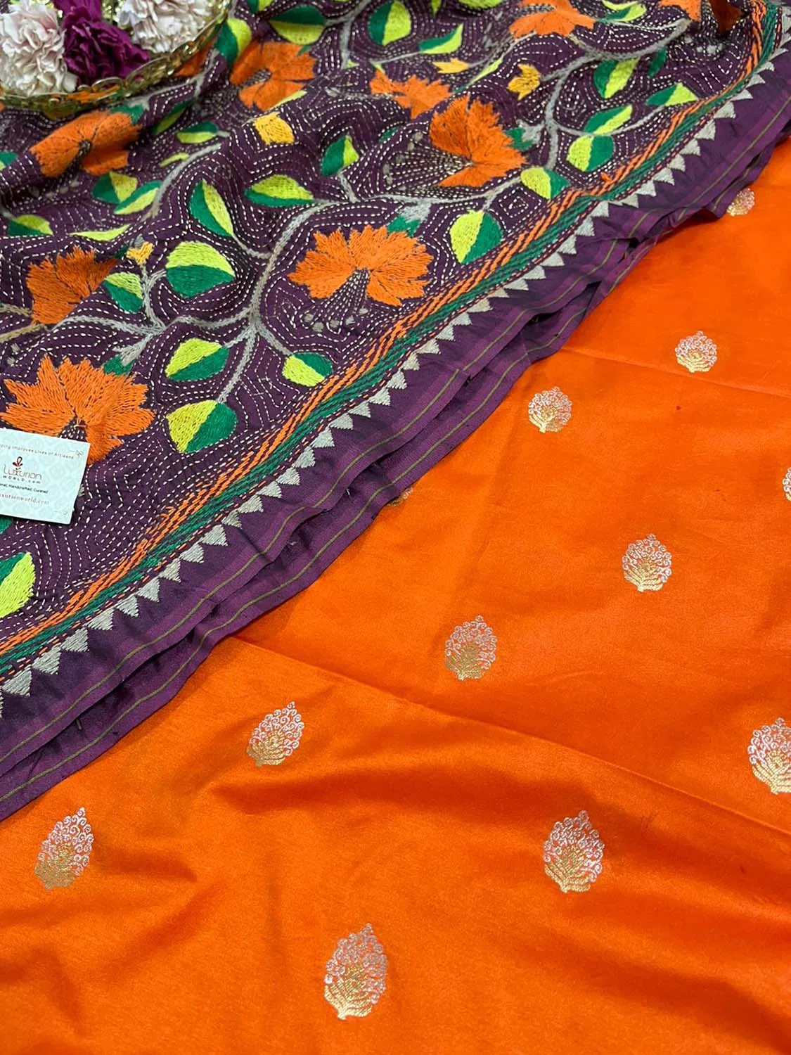 Orange Banarasi Silk Sona Roopa Suit With Purple Hand Embroidered Kantha Silk Dupatta