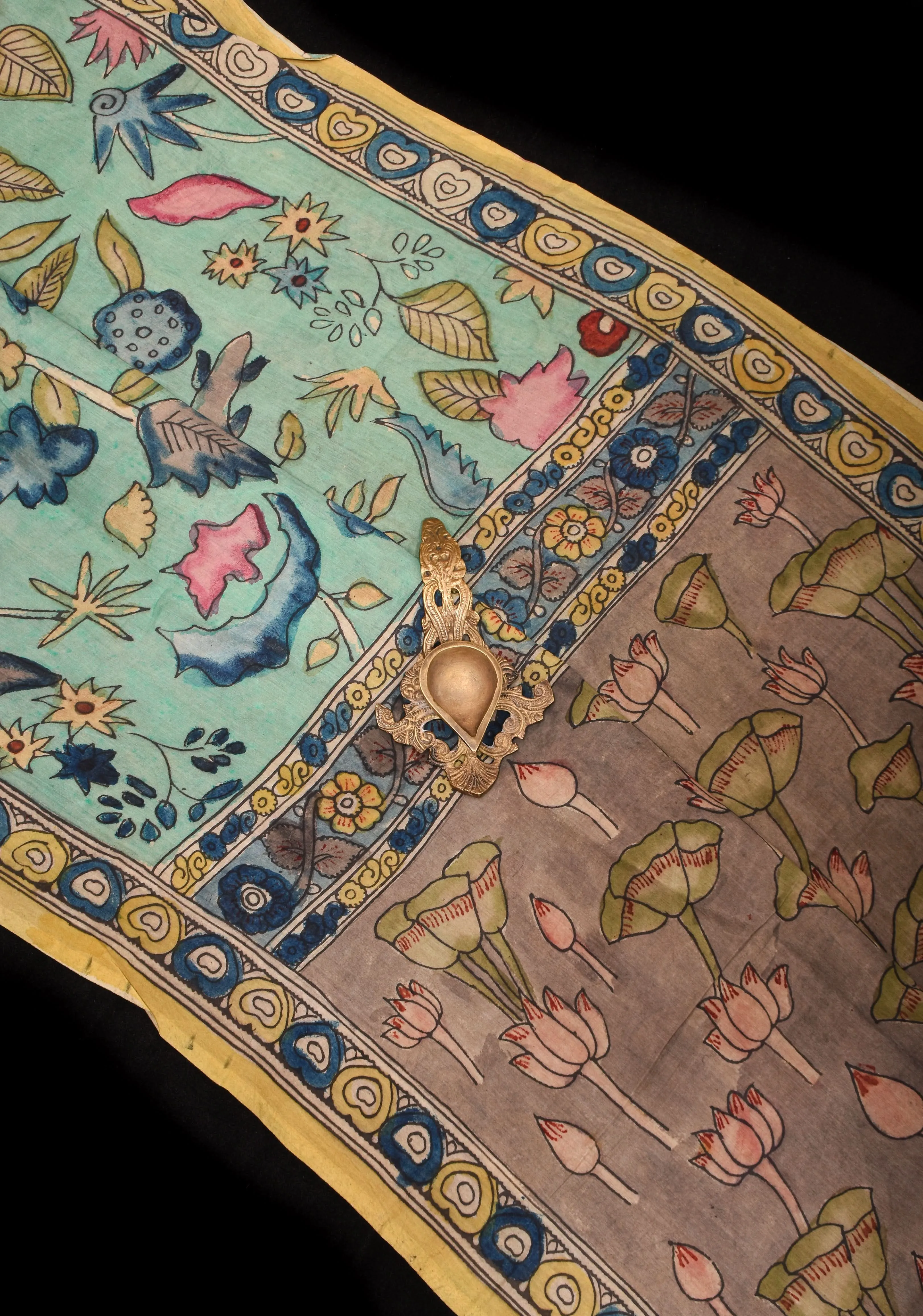 Pastel Aqua Authentic Pen Kalamkari on Pure Assam Silk with Lakshmi Theme Pallu | SILK MARKED CERTIFIED