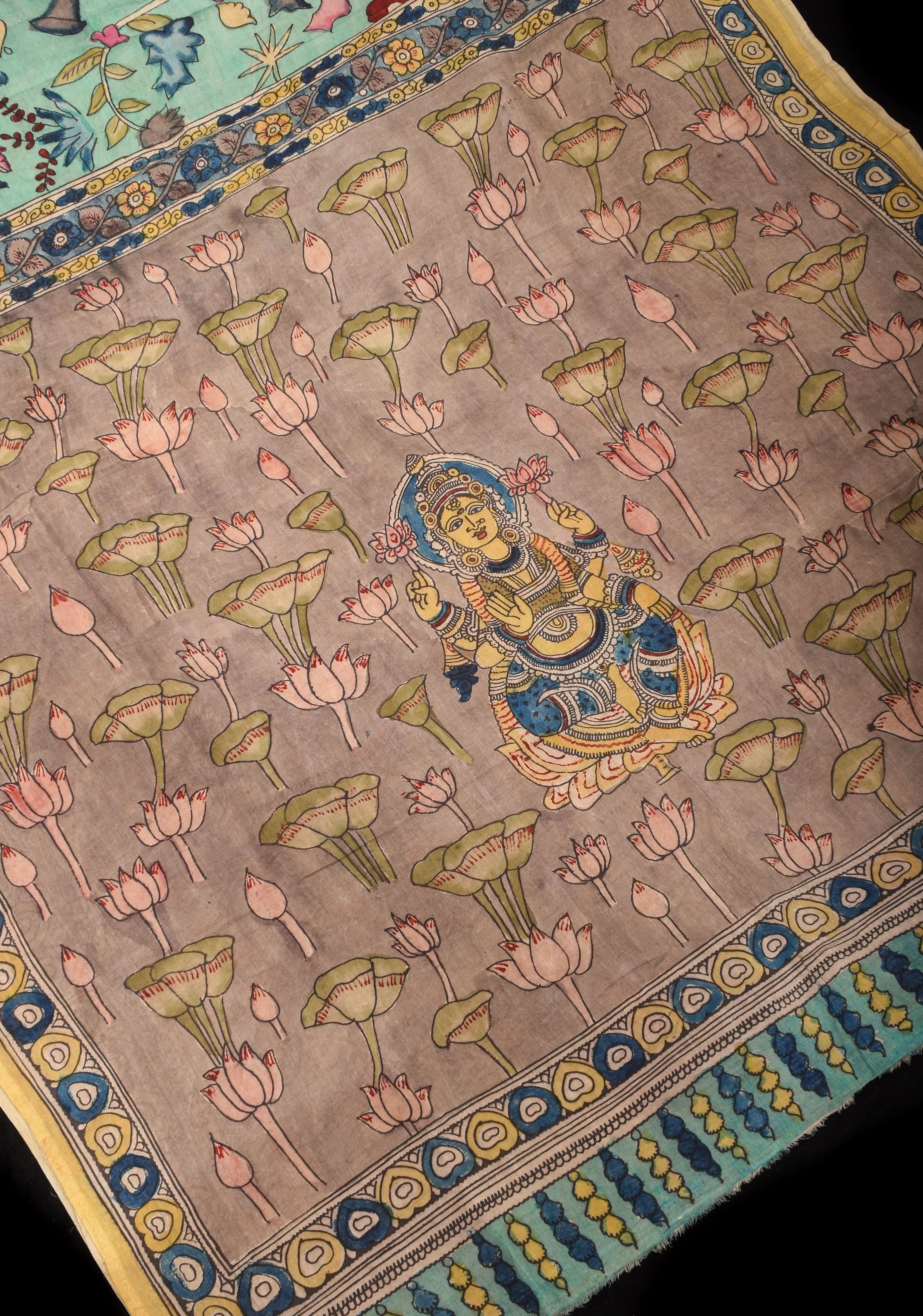 Pastel Aqua Authentic Pen Kalamkari on Pure Assam Silk with Lakshmi Theme Pallu | SILK MARKED CERTIFIED