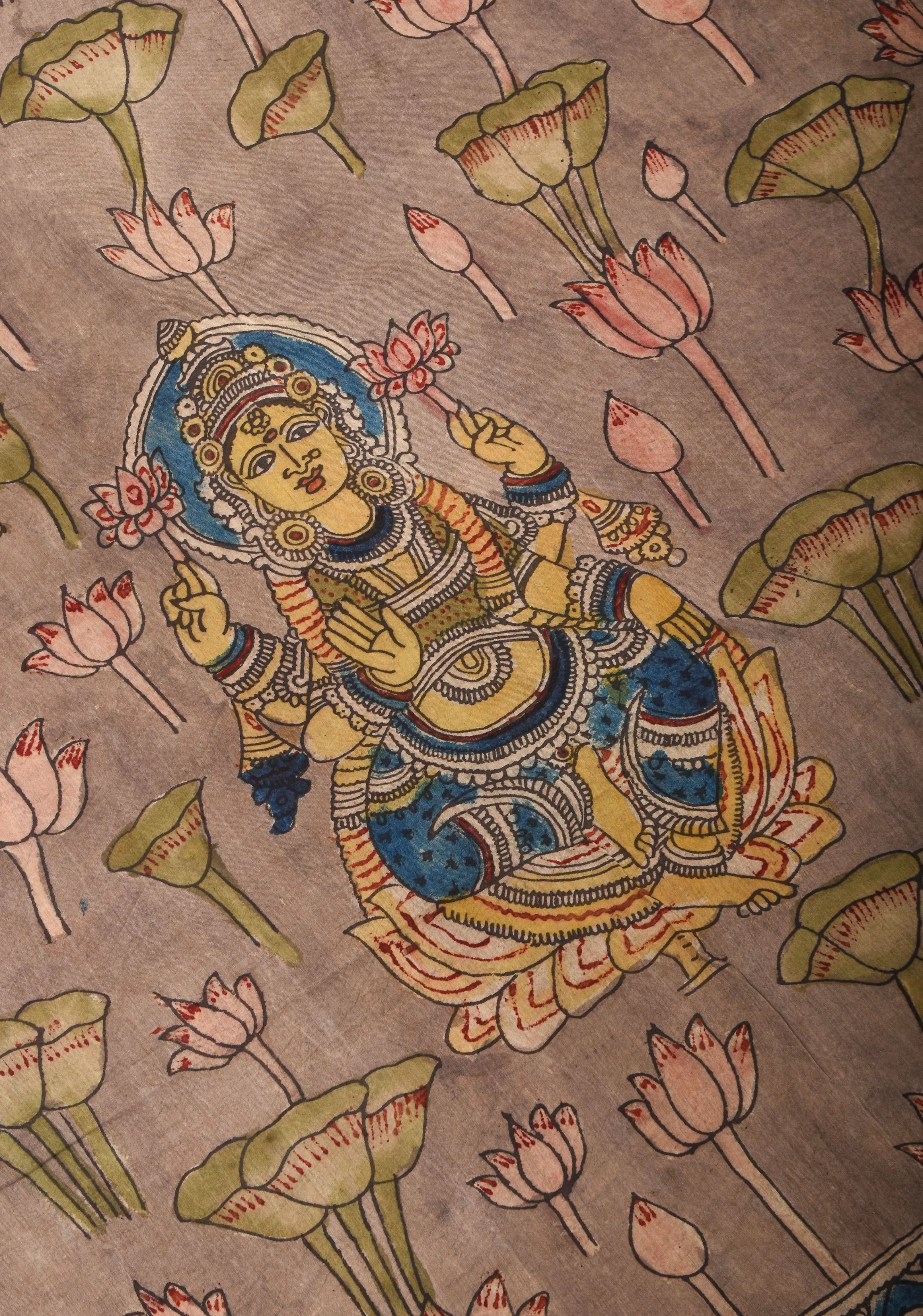 Pastel Aqua Authentic Pen Kalamkari on Pure Assam Silk with Lakshmi Theme Pallu | SILK MARKED CERTIFIED