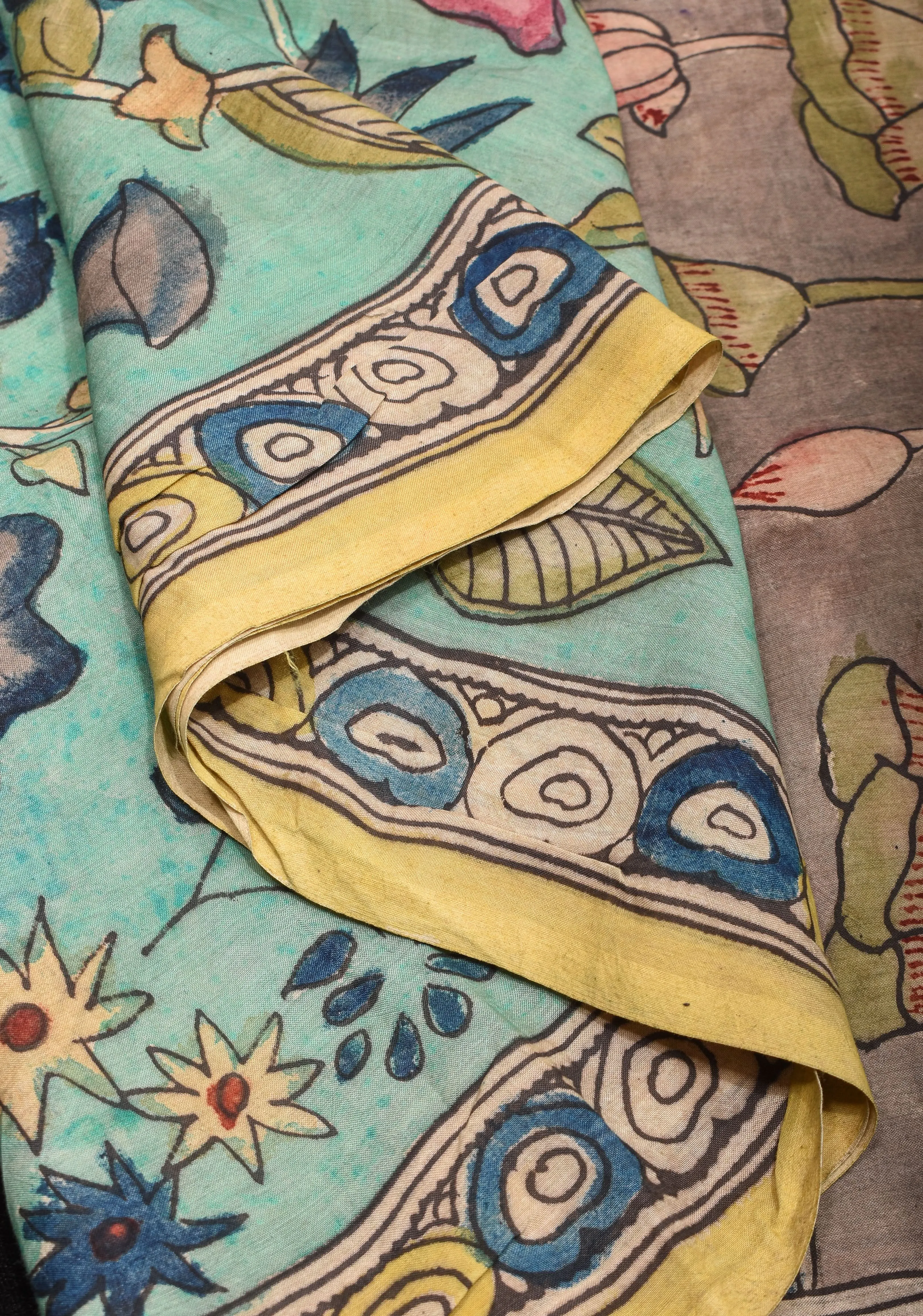 Pastel Aqua Authentic Pen Kalamkari on Pure Assam Silk with Lakshmi Theme Pallu | SILK MARKED CERTIFIED