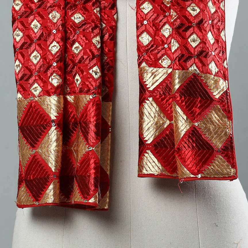 Red - Phulkari Silk Cotton Embroidered Stole 22