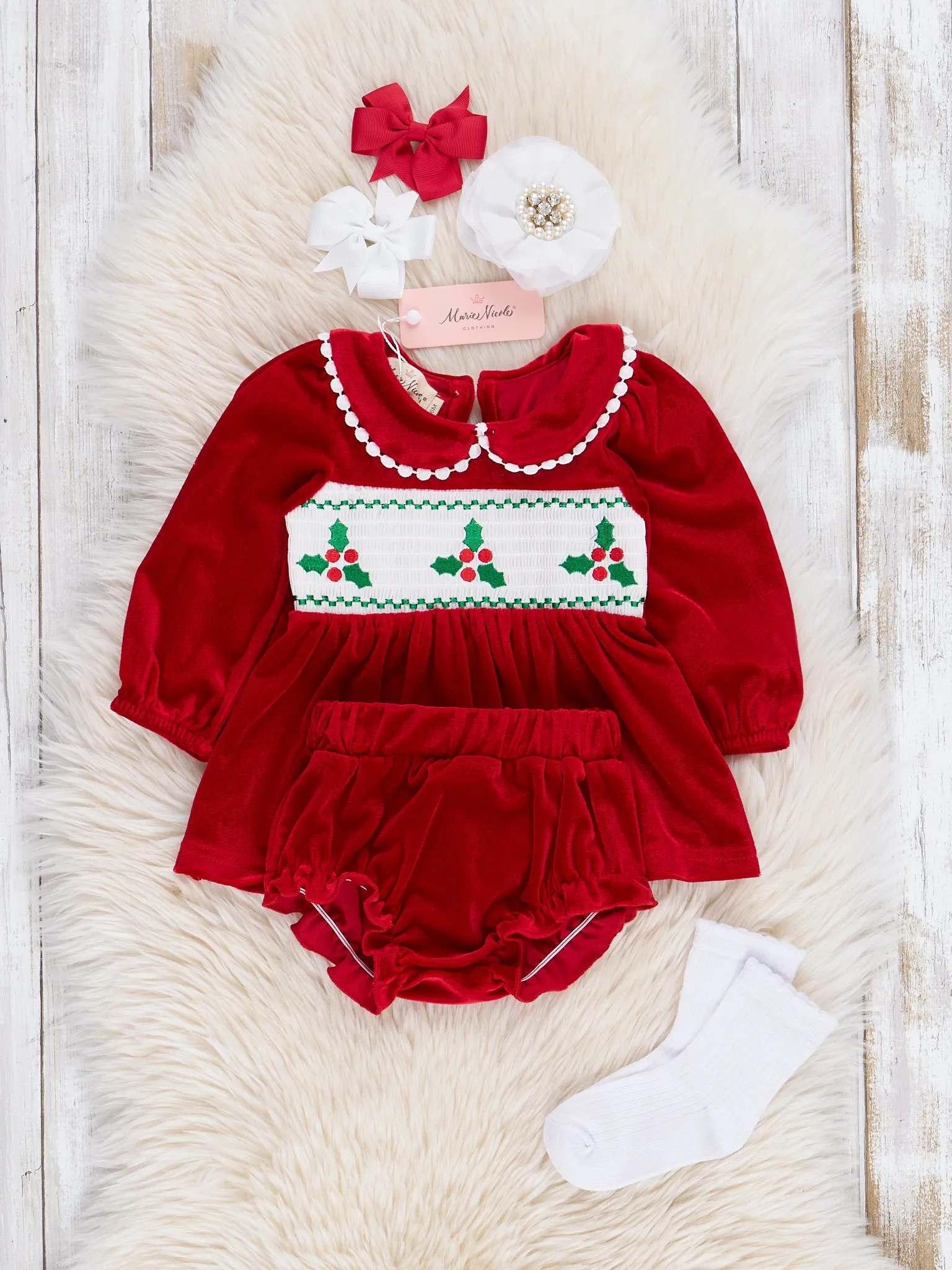 Red Smocked Holly Velvet Bloomers Outfit