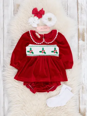 Red Smocked Holly Velvet Bloomers Outfit