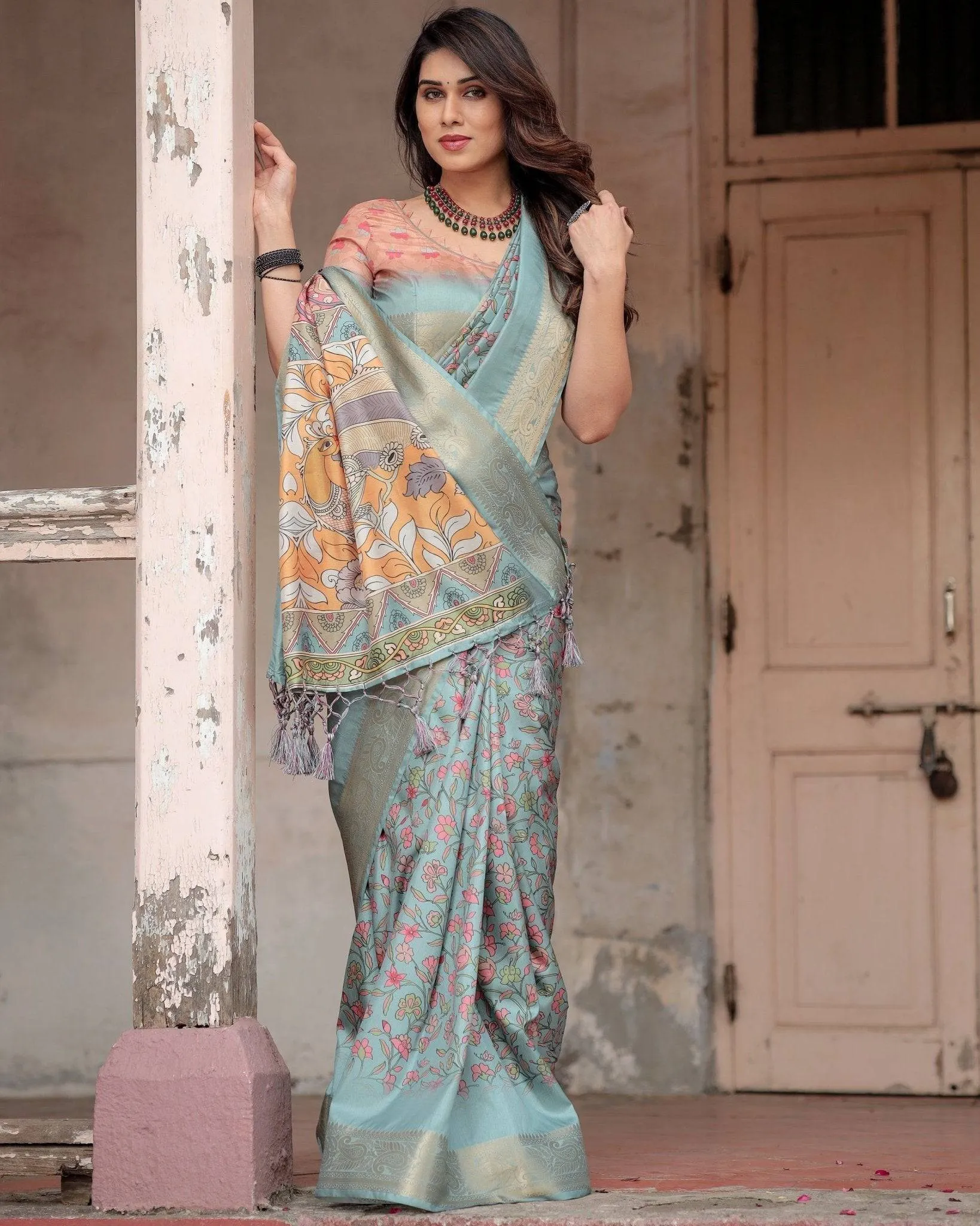 Sky Blue Tussar Silk Saree with Intricate Zari Border and Artistic Pallu Design