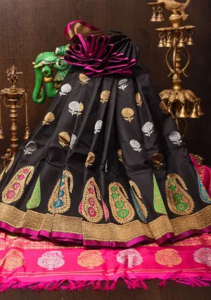 Stunning Black Gadwal Silk Saree with Zari Buttas and Paisley Meenakari Motifs | SILK MARK CERTIFIED