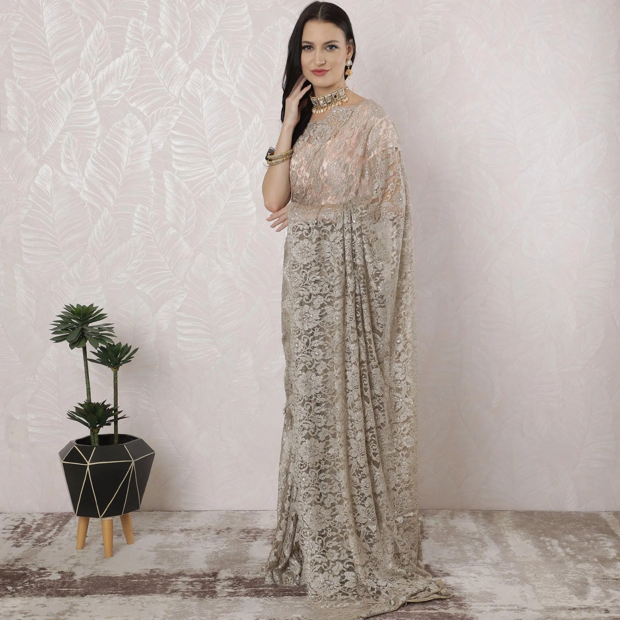 Tan beige Premium pure French chantilly lace saree having stone work in floral design-D16335