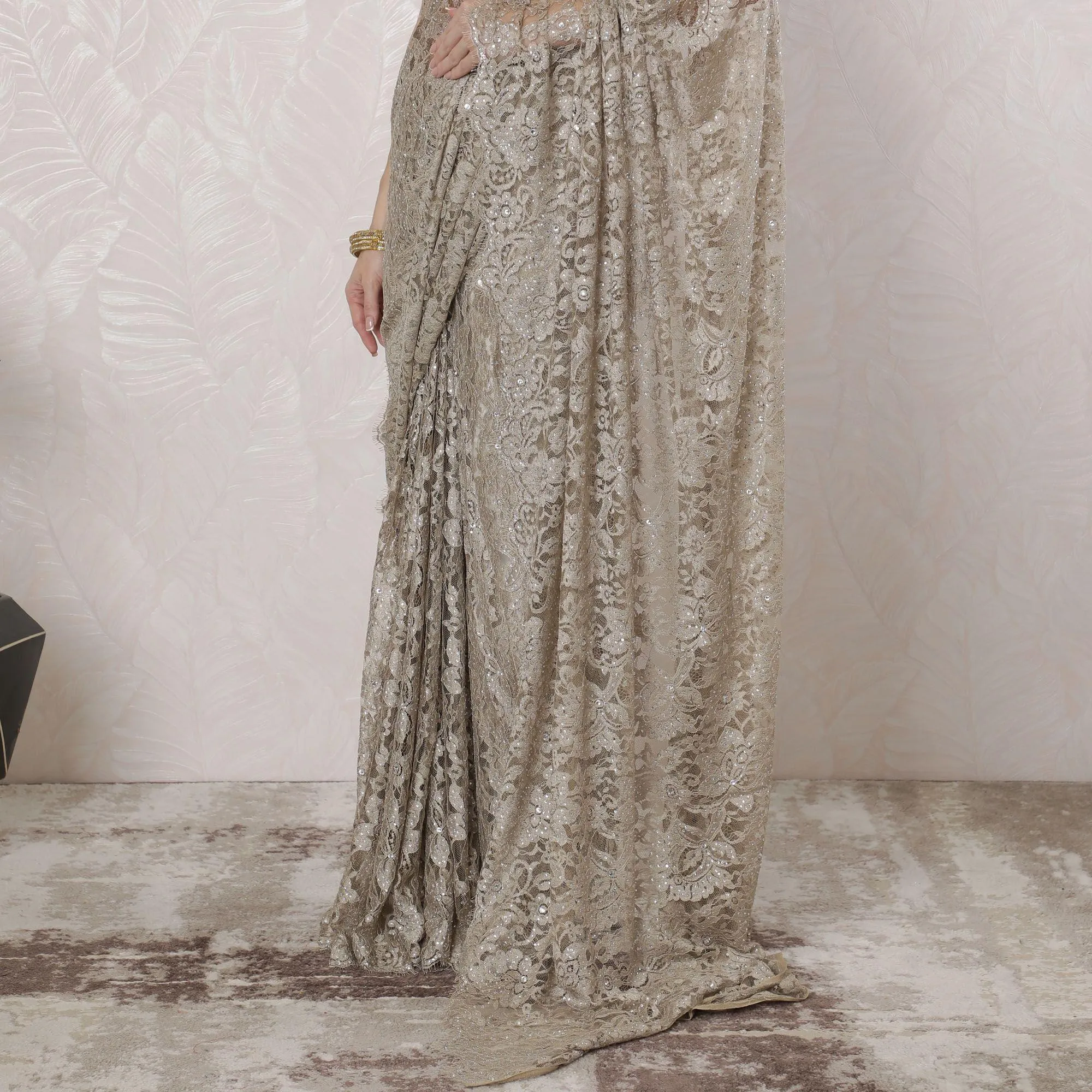 Tan beige Premium pure French chantilly lace saree having stone work in floral design-D16335