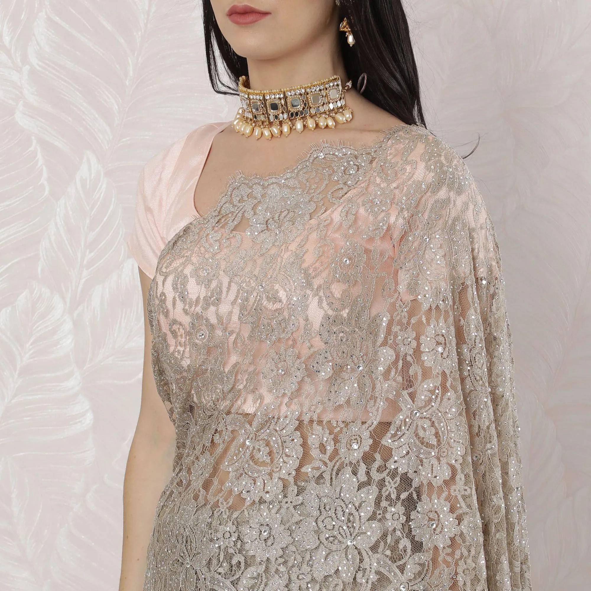 Tan beige Premium pure French chantilly lace saree having stone work in floral design-D16335