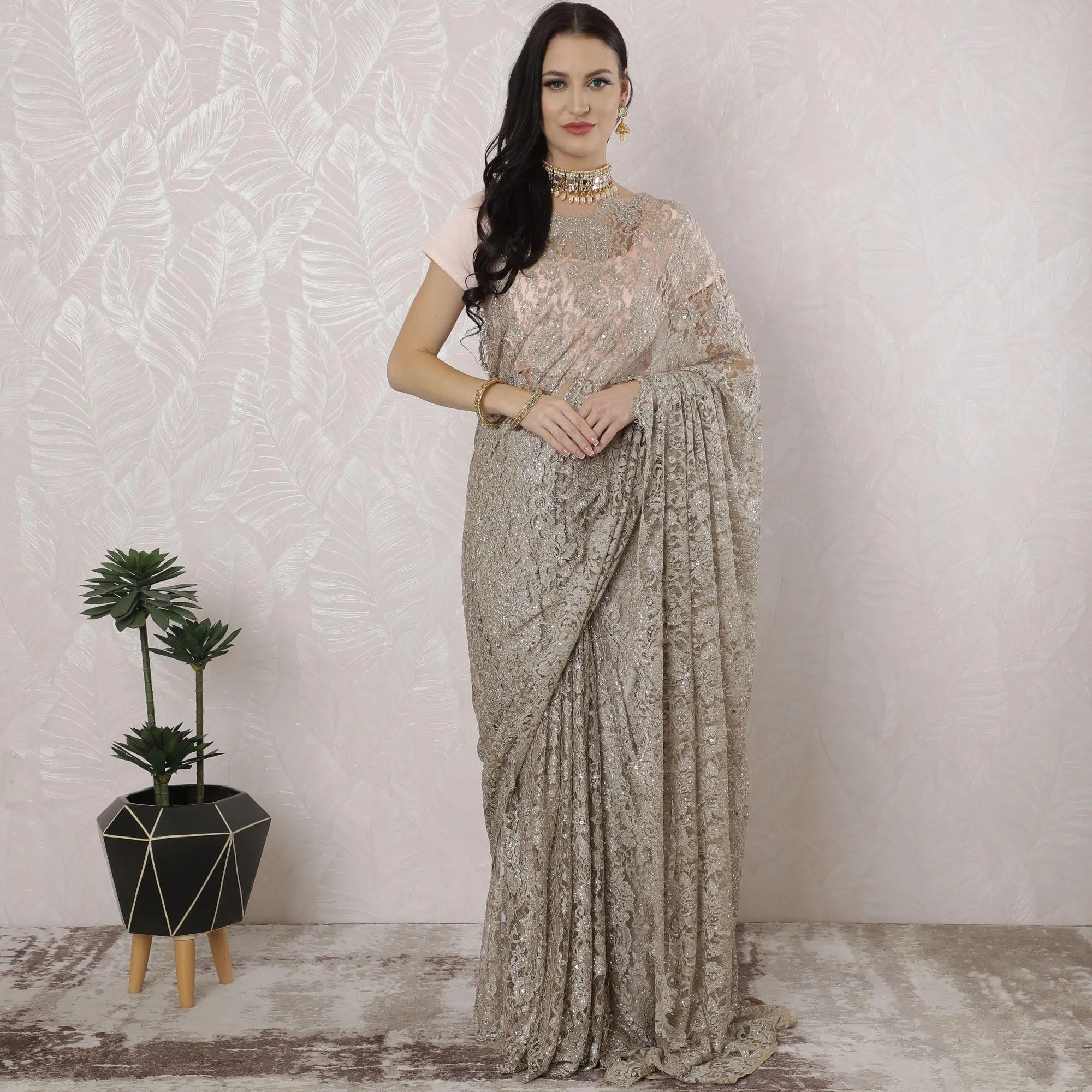 Tan beige Premium pure French chantilly lace saree having stone work in floral design-D16335