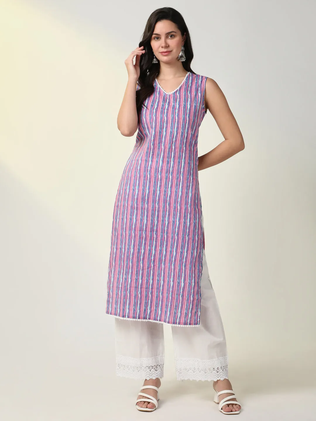 Women Purple Striped Straight Kurta Set