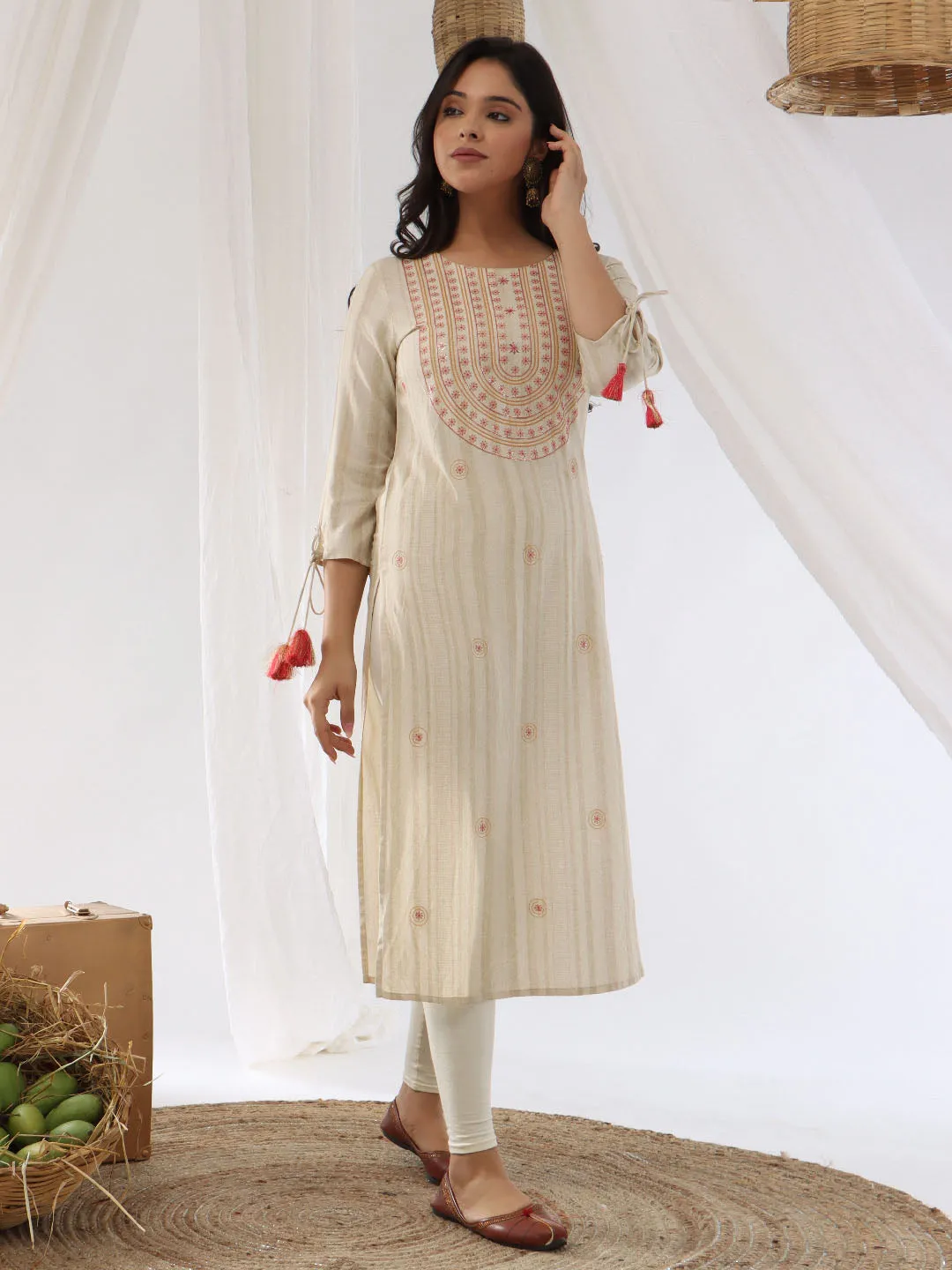 Women Straight Beige Striped Kurta