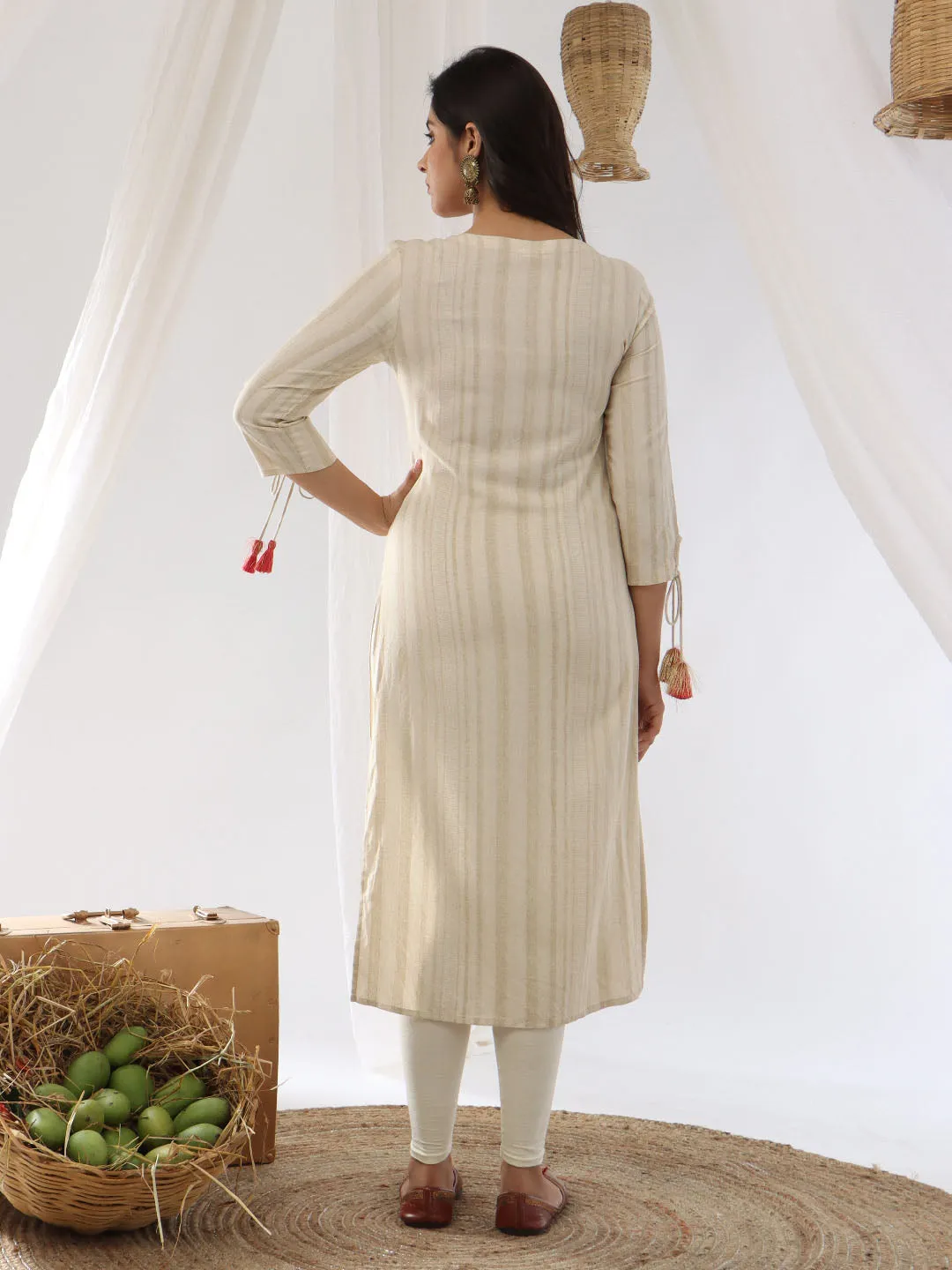 Women Straight Beige Striped Kurta