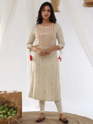 Women Straight Beige Striped Kurta