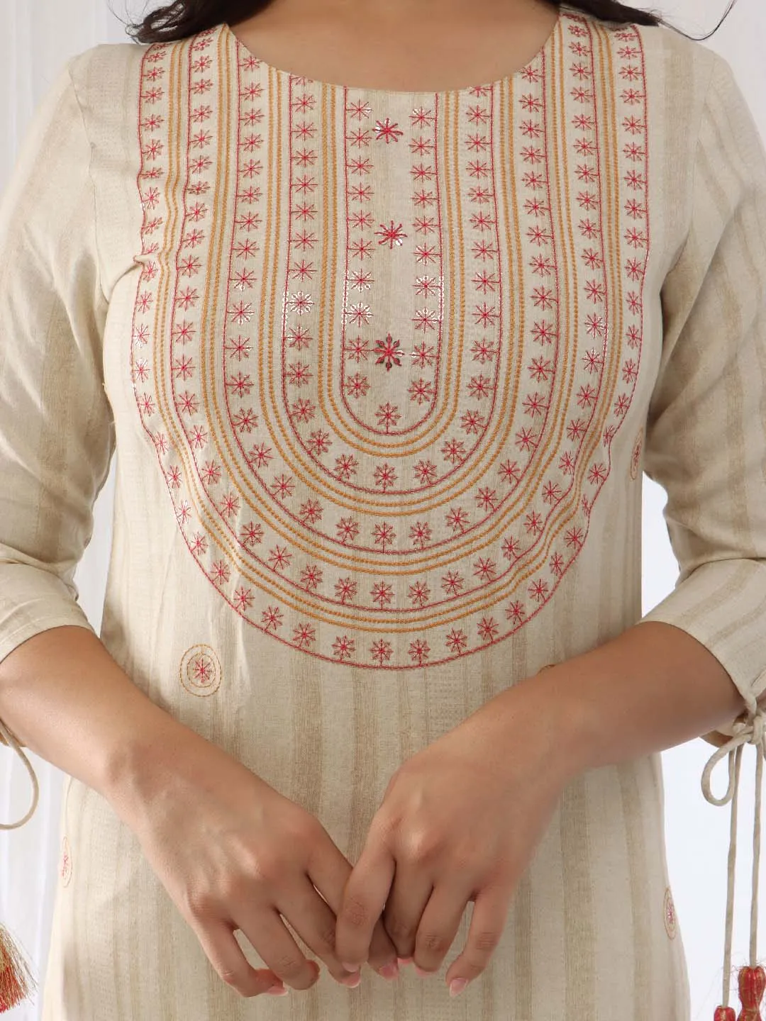 Women Straight Beige Striped Kurta