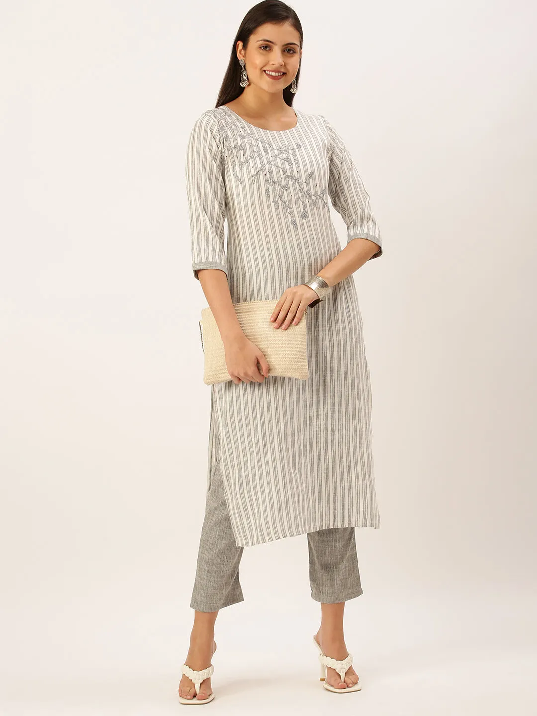 Women's Grey Striped Kurta Set