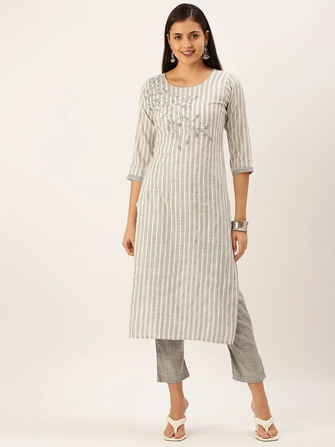 Women's Grey Striped Kurta Set