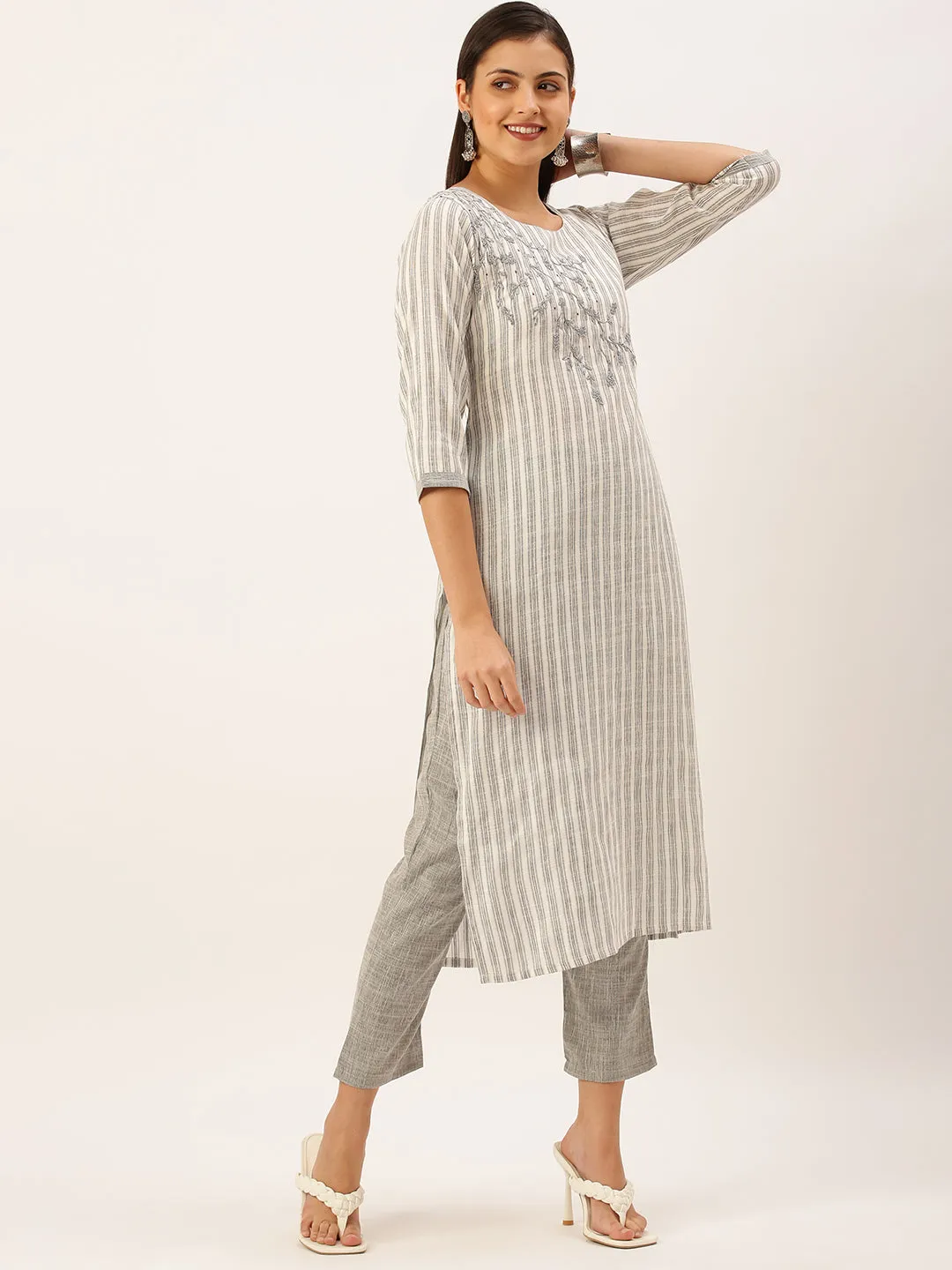 Women's Grey Striped Kurta Set