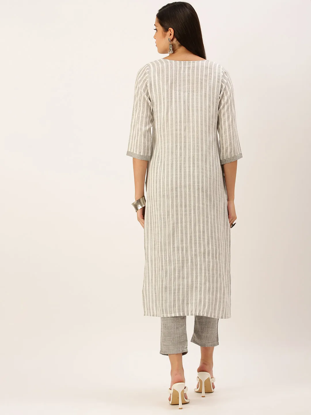Women's Grey Striped Kurta Set