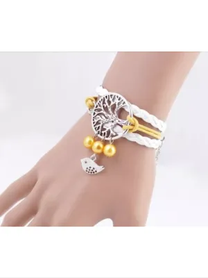 Yellow  and white leather style bracelet with tree of life and bird charm
